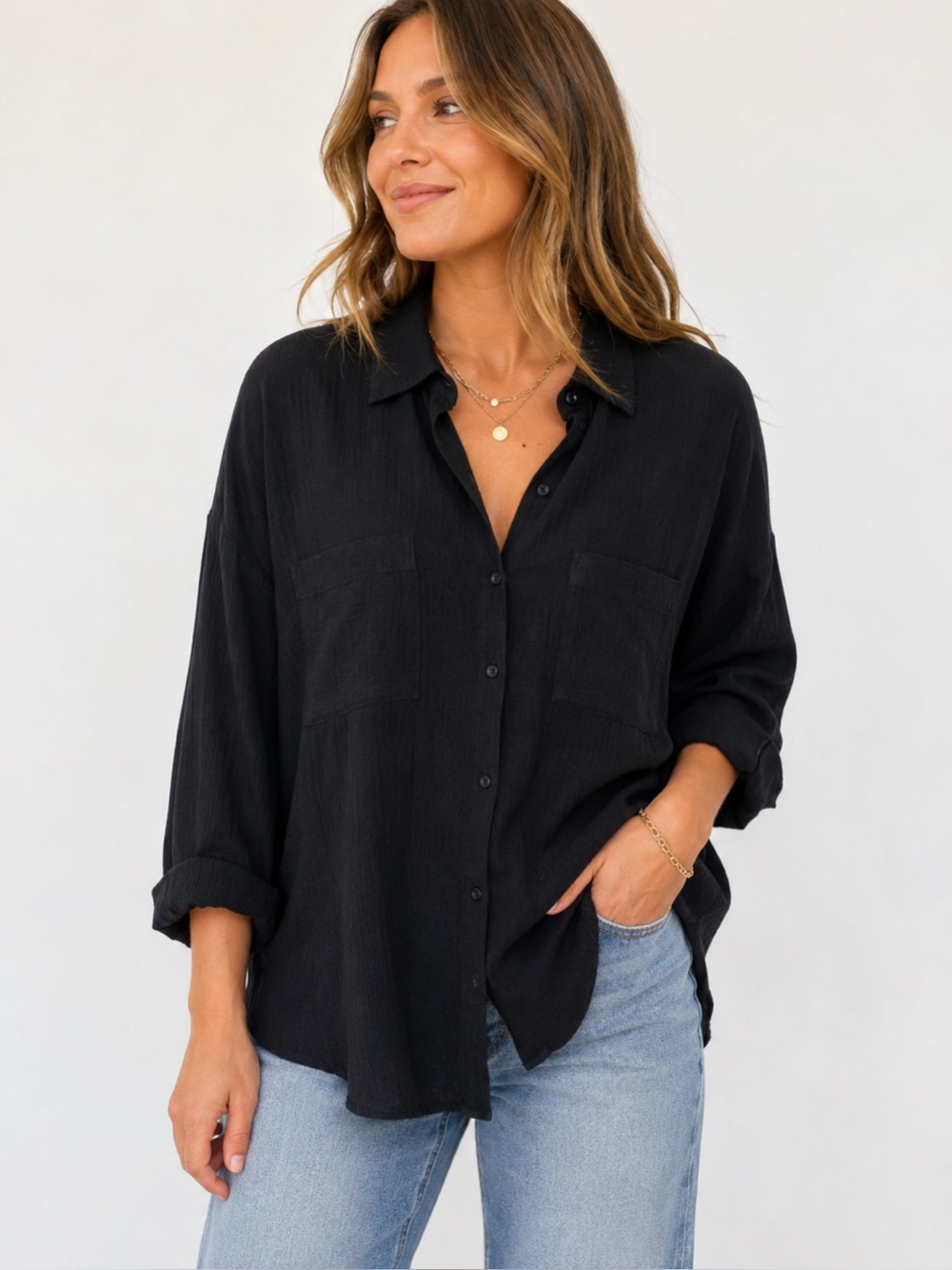 Z Supply Black Textured Button Front Shirt Long Sleeve  Blouse Relaxed Fit M/L